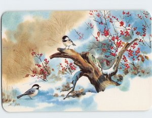 Postcard Winter Scene Two Beautiful Birds Season's Greetings