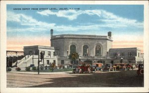 JOLIET IL Union Train Depot and Old Cars c1920 Postcard