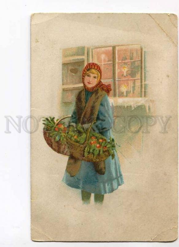 279748 CHRISTMAS X-mas Woman Seller Bouquet Vintage PC