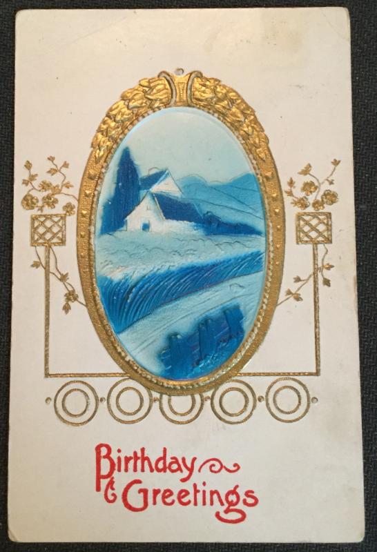 Postcard Used “Birthday Greetings” embossed Home scene LB