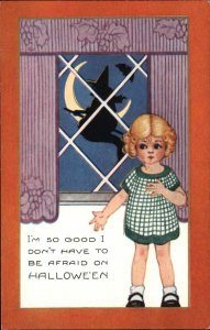 Halloween Cute Little Girl Witch in Window c1915 Whitney Postcard EXC COND