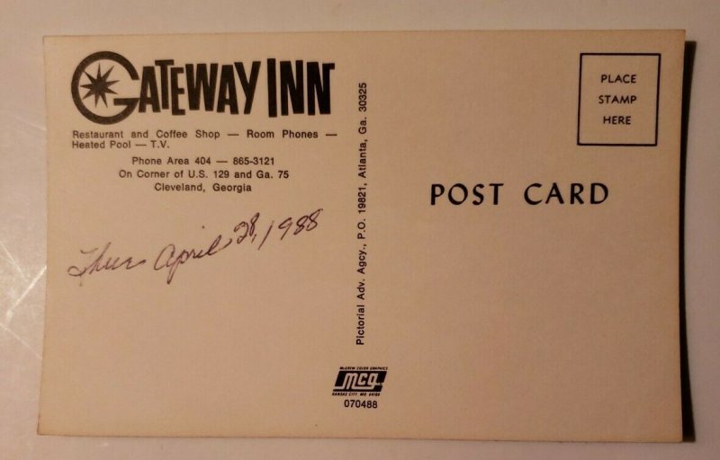 Vintage Postcard Gateway Inn Cleveland Georgia US 129 GA 75 1988