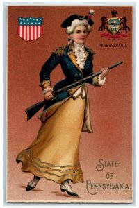 c1910's State Of Pennsylvania PA Woman With Gun Embossed Antique Postcard