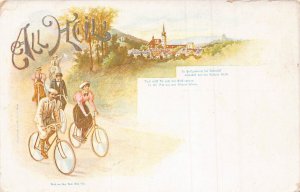 ALL HEIL!! MEN & WOMEN RIDING BICYCLES-1900s POSTCARD