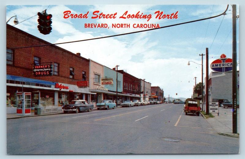 Postcard NC Brevard Broad Street View North 1950s cars Walgreens American Gas N8