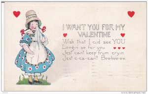 I want you for my Valentine, Girl wearing bonnet crying, red hearts, PU-1922