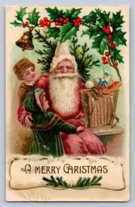 K1/ Santa Claus Christmas Postcard c1910 Children Toys Holly 103