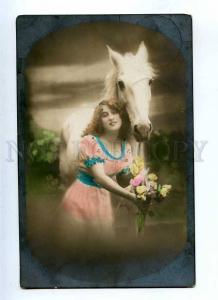 215999 NYMPH Belle Woman & White HORSE Vintage PHOTO PC