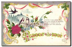 Old Postcard Fantasy Flowers Swallows