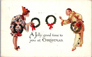 Christmas Postcard, Clowns Wreath, Divide Back Posted Stamped Dec 10 1913