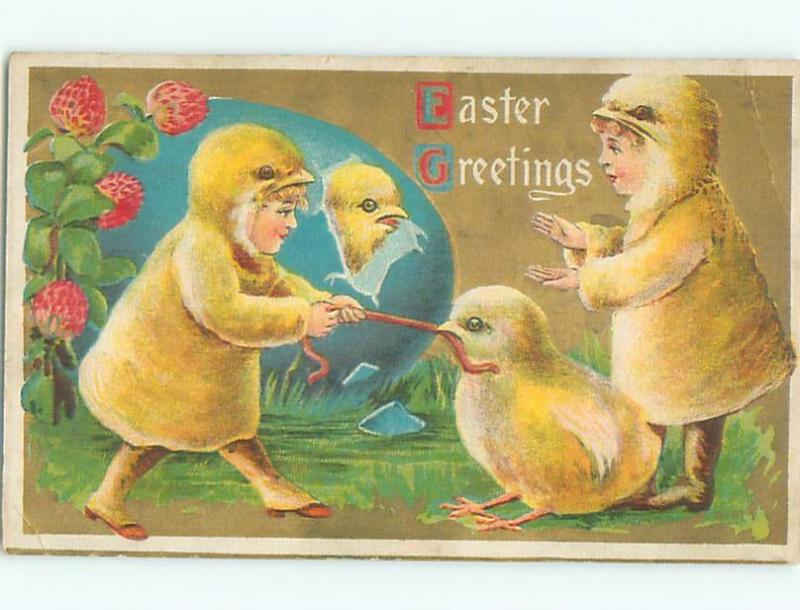 Pre-Linen Easter CHILDREN IN CHICK COSTUMES FIGHTING FOR WORM AB3912