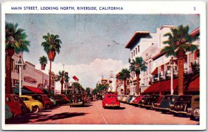 Riverside CA-California, Main Street Looking North Car Lined Street Old Postcard