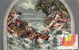 L297 Switzerland Tell's Sprung Painting in Tellskapelle Boat Thunder Postcard