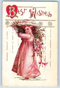 New Germany Minnesota MN Postcard Best Wishes Little Girl With Flowers Embossed