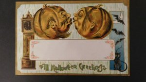 1910 Mr. & Mrs. Jack O'Lantern Kissing Halloween Postcard from, to Delevan, NY