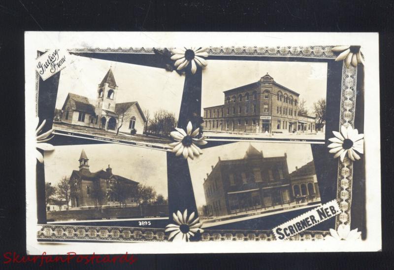 RPPC SCRIBNER NEBRASKA DOWNTOWN PUBLIC SCHOOL CHURCH REAL PHOTO POSTCARD