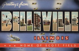 Belleville Illinois Scott Field Airplanes WWII Large Letter Linen Postcard