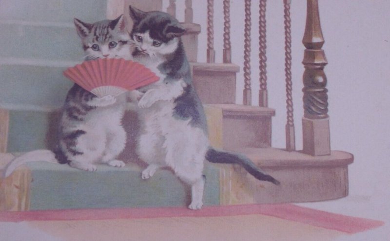 1900s Anthropomorphic Cats Kittens Helena Maguire Fan Antique Vintage Postcard