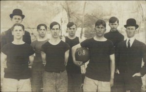 Basketball Team Young Men Bowler Hats T-Shirts c1910 Real Photo Postcard