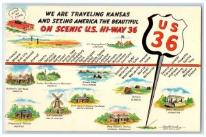 c1940 We Are Travelling Kansas Scenic US Highway 36 MAP Kansas Unposted Postcard