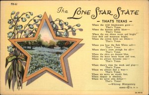 Texas Lone Star State Poem Ode W Montgomery c1930-50s Vintage Postcard