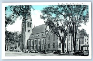 Waterbury Connecticut Postcard St John Church Building Classic Cars Trees c1940