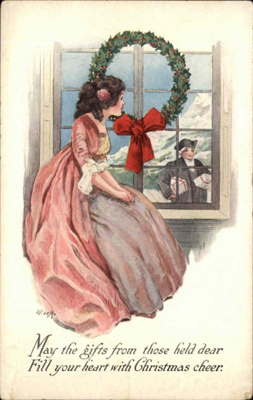 W De M Christmas Beautiful Girl Victorian Fashion Suitor Romance Vintage PC