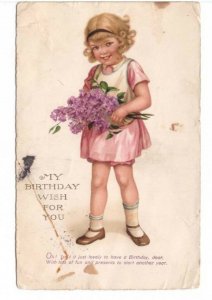 My Birthday Wish For You, Young Girl With Flowers, Vintage 1930 Postcard