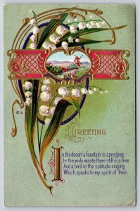 Greetings~Art Deco Windmill Inset~Lily Of The Valley~Gold~Emb~NASH #29~1911 PC