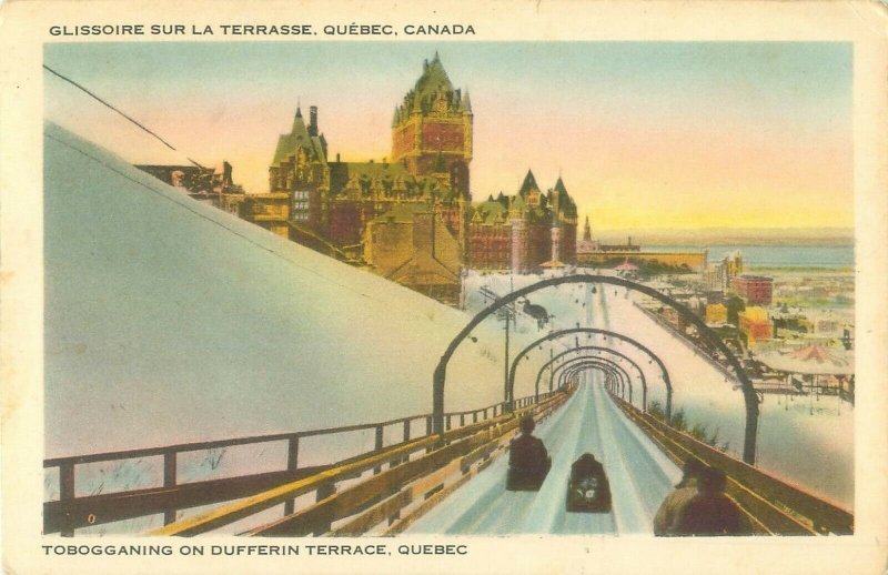 Tobogganing on Dufferin Terrace, Quebec, Canada  1946 Postcard