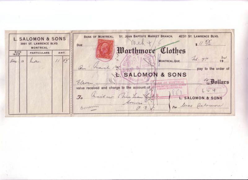 Custom Cheque from L Salomon & Sons, Worthmore Clothes Montreal Quebec, Canad...