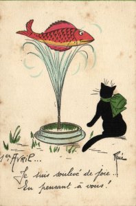 PC CATS, 1ER AVRIL, BLACK CAT AND A FISH, Vintage Postcard (b47114)