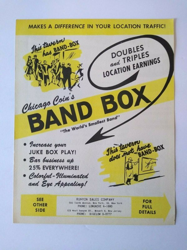 Chicago Coin Band Box Jukebox Flyer 1952 Original Animated Manikin Musicians NOS