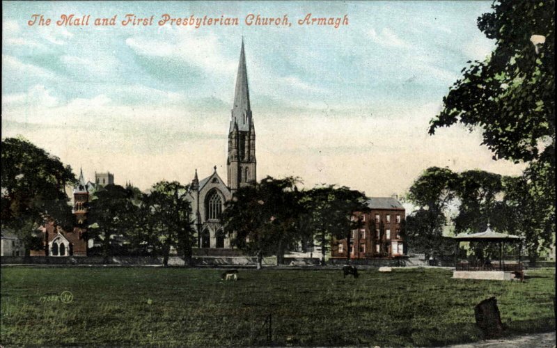 Armagh Ireland Mall and First Presbyterian Church c1910 Vintage Postcard