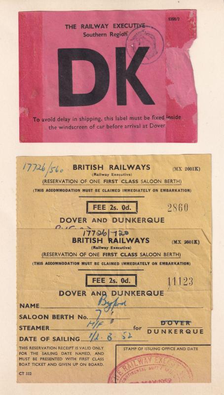 British Railway Dover to Dunkirk 3x 1952 Train Ship Receipt s