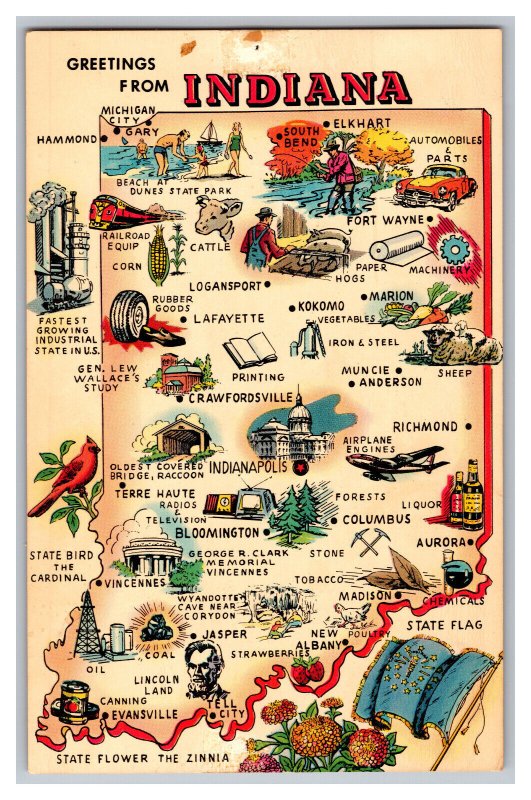 Vintage Postcard Greetings From Indiana Hoosier State Map Card 