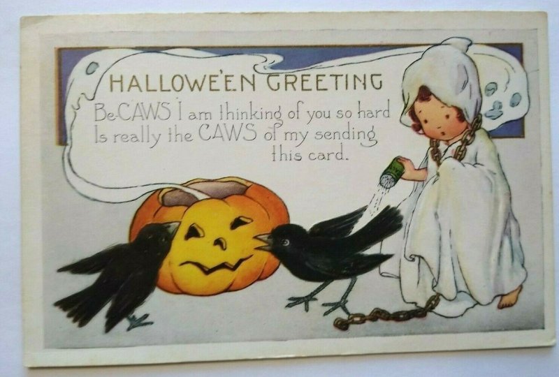 Vintage Halloween Postcard Whitney Ghost Girl Seasoning Black Crows Unused Orig