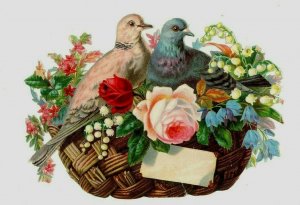 Card Vintage Calling Cut Die 2 Doves Lovely Floral Basket Embossed  Colorful