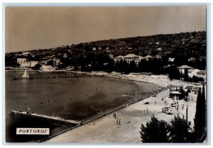 1960 Gulf Of Piran Beach City Dock View Portoroz Yugoslavia RPPC Photo Postcard 