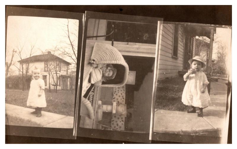 Three pictures on one RPPC of toddler in dress/dressing gown and stroller 1904-1