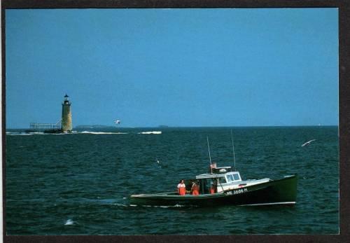 ME Ram Island Light Lighthouse Portland Maine Postcard PC Lobster Boat