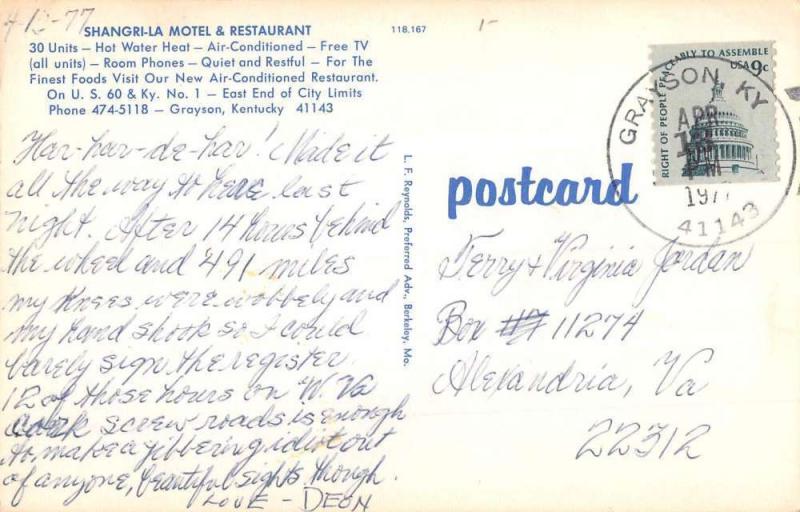 Grayson Kentucky Sangri La Motel Street View Vintage Postcard K98175