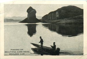 1930s Fishing on Lake Mead, Boulder Dam, Boulder City Nevada 3x4 1/4” Postcard