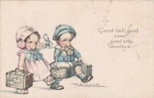 Young Children With Suitcases Good Luck Good Time Good Trip Goodbye Signed