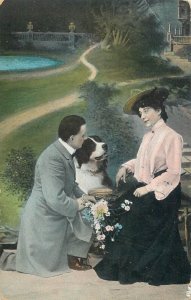 Romantic couple love idyll elegancedog flower hat garden