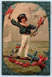 1909 Birthday Greetings Sailor Flags Flowers Embossed Perrysville PA Postcard