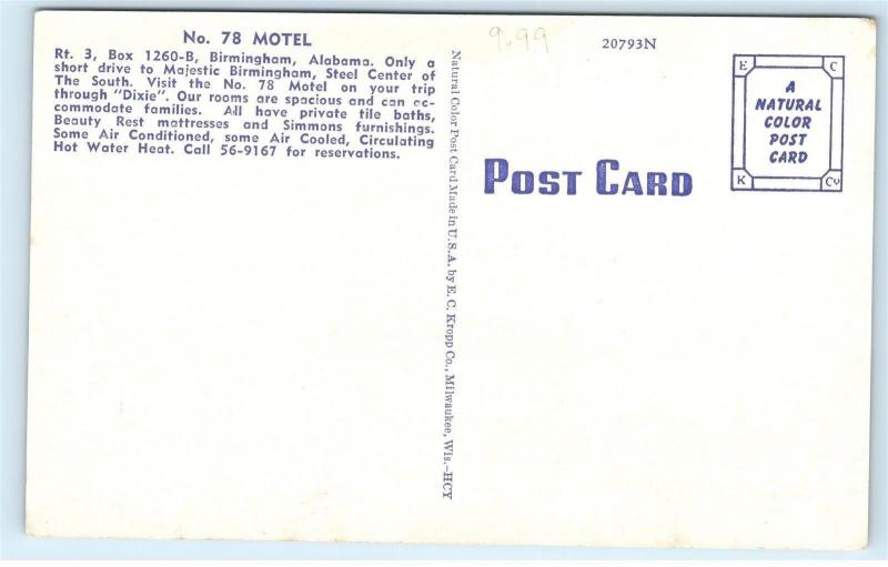 *No 78 Motel Near Birmingham Memphis Hwy Alabama Vintage Postcard B94