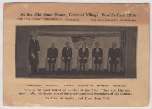 Old State House Colonial Village Animatronic Presidents Worlds Fair 1934 Ad Card