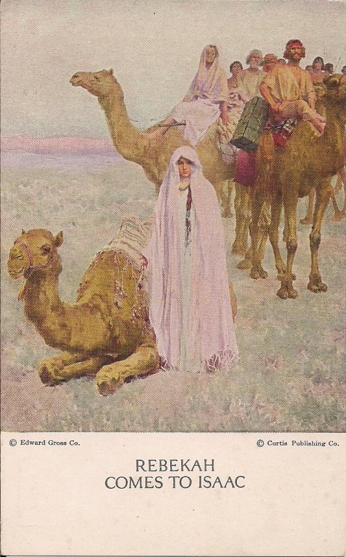 JUDAICA Rebekah Meets Isaac, Matriarch, Camels, ca. 1910 Bible Story Rebecca