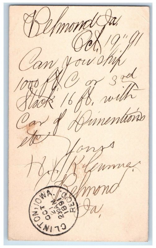 1891 WJ Young & Co Belmond Iowa IA Clinton IA Posted Antique Postal Card